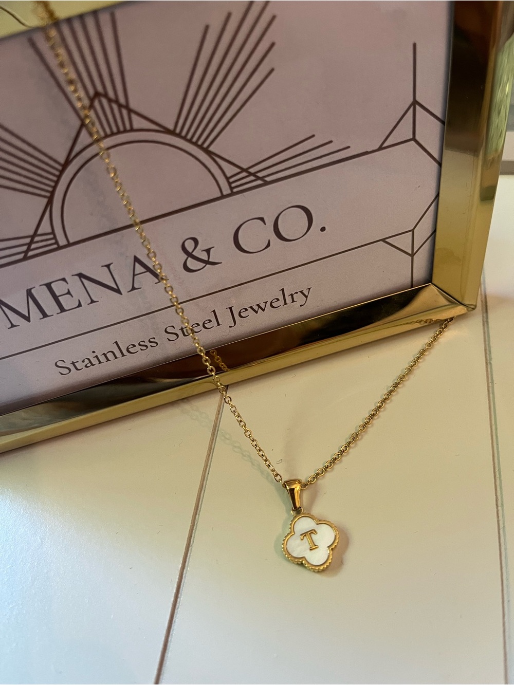 Gold Stainless Steel Clover Initial 'T' Necklace with a Beautiful Back Option